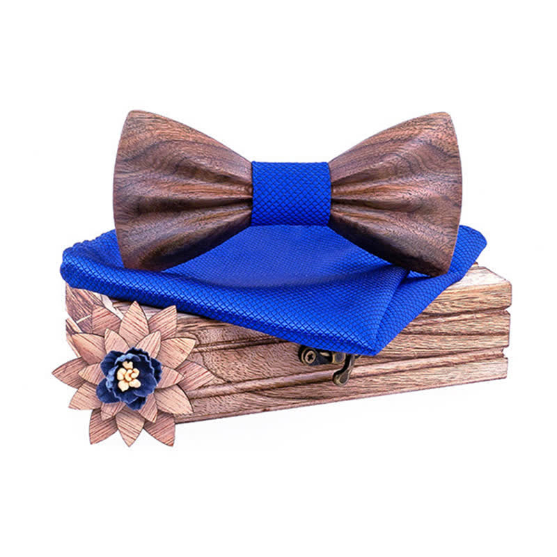 3Pcs Men's Hand Carved Crease Wooden Bow Tie Set - Walnut - Royal - image 7