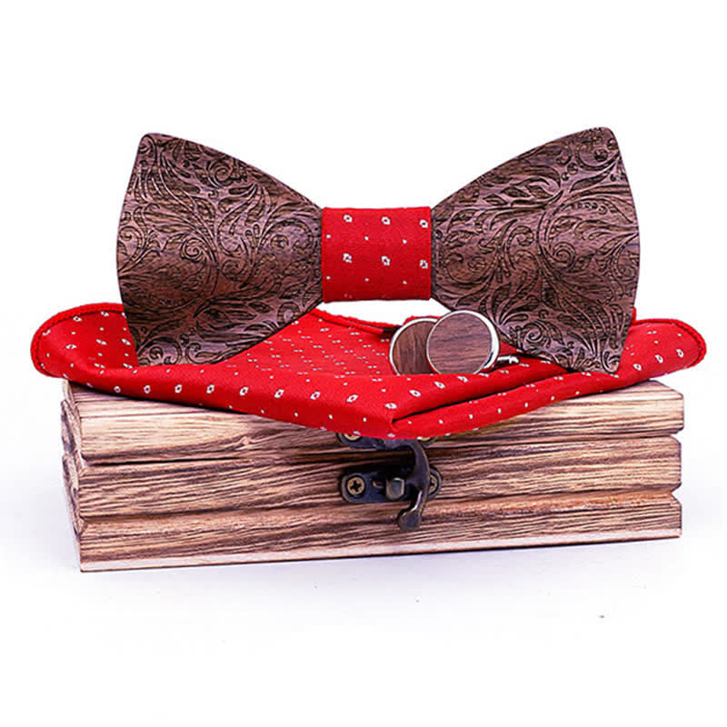 3Pcs Men's Black Walnut Paisley Wooden Bow Tie Set - Red Dots - image 9