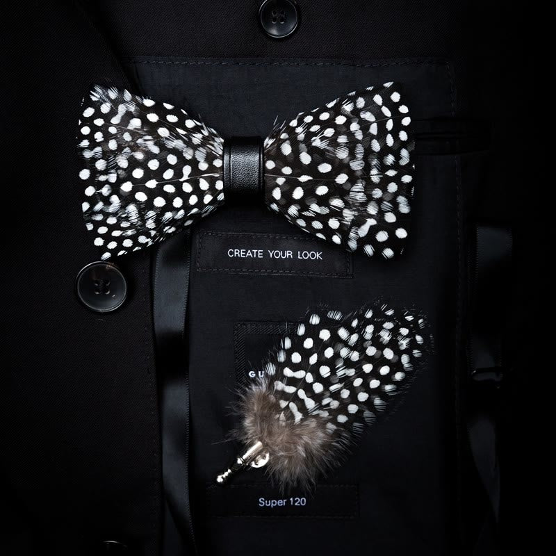 Black & White Polka Dot Feather Bow Tie with Lapel Pin - Black & White - image 0