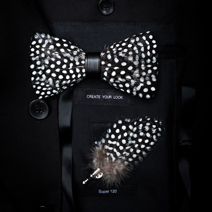 Black & White Polka Dot Feather Bow Tie with Lapel Pin - Black & White - image 0