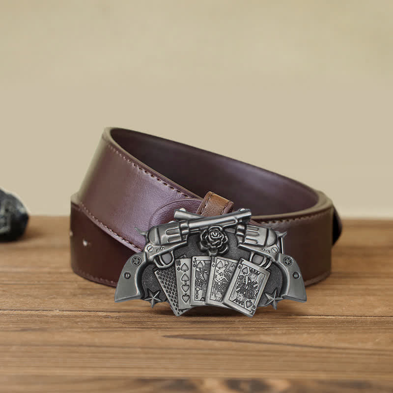 Men's DIY Double Pistol Poker Buckle Leather Belt - Double Pistol - Brown PU Belt (40) - image 7
