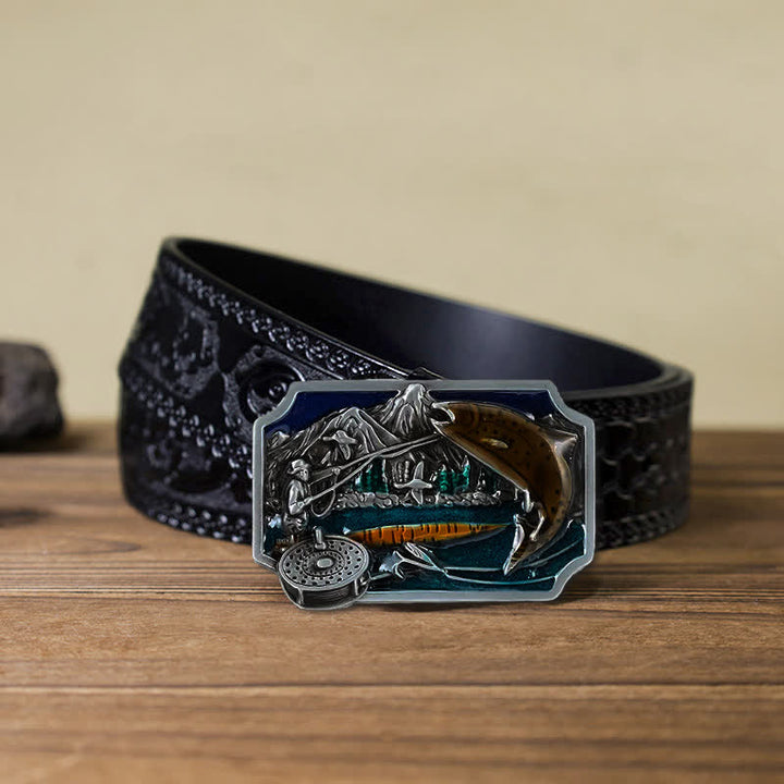 Men's DIY Fishing Enamel Rectangle Buckle Leather Belt - Fishing - Black Carved Belt (40) - image 9