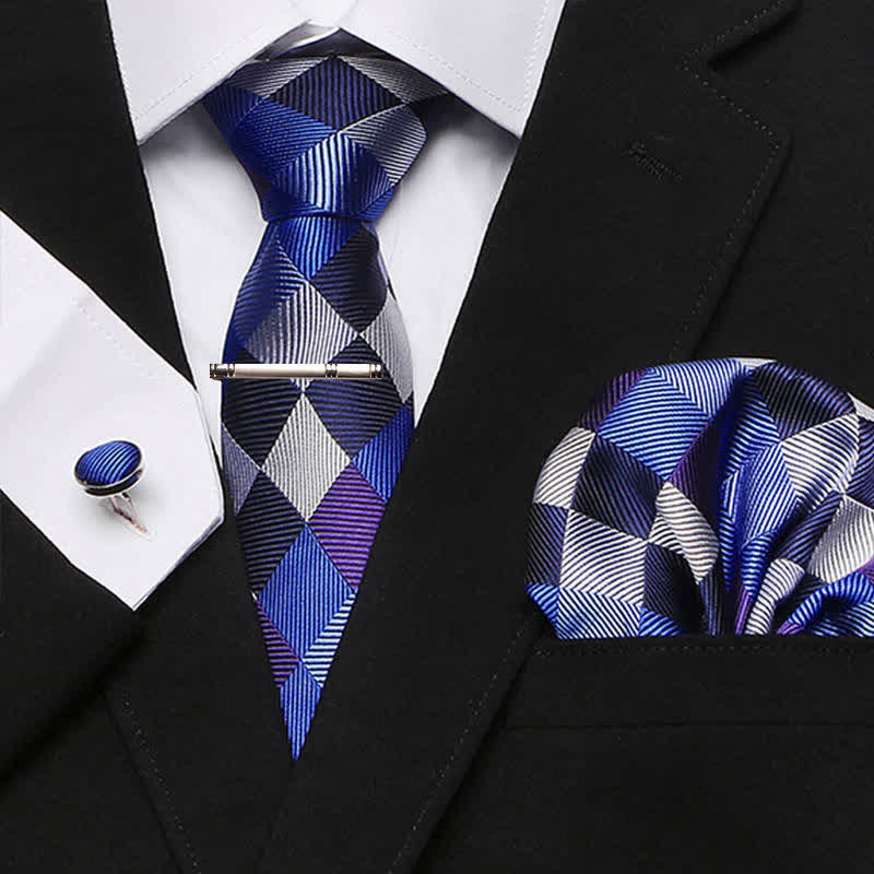 4Pcs Navy & White Men's Gorgeous Plaid Necktie Set - Navy & White - image 0
