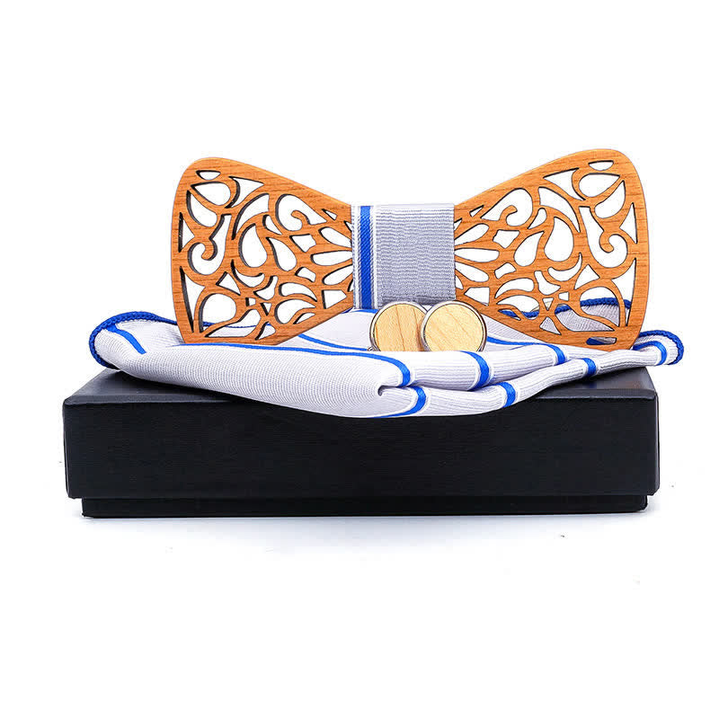 3Pcs Men's Vintage Hollow Wooden Bow Tie Set - LightBlue Striped - image 6