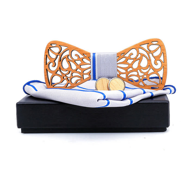 3Pcs Men's Vintage Hollow Wooden Bow Tie Set - LightBlue Striped - image 6