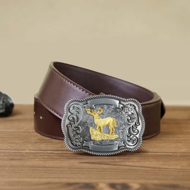 Men's DIY Gold Carving Animal Buckle Leather Belt - Deer - Brown PU Belt (40) - image 32