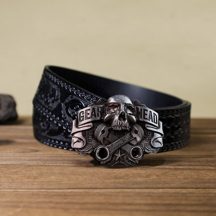 Men's DIY Gear Head Piston Skull Buckle Leather Belt - Gear Head - Black Carved Belt (40) - image 9