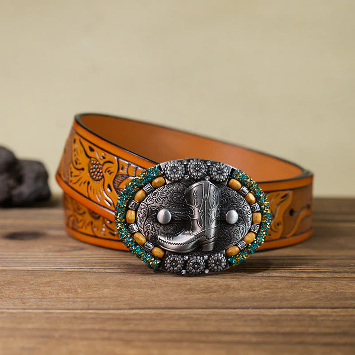 Men's DIY Wood Bead Rhinestone Boot Buckle Leather Belt - Boot - Orange Carved Belt (40) - image 14