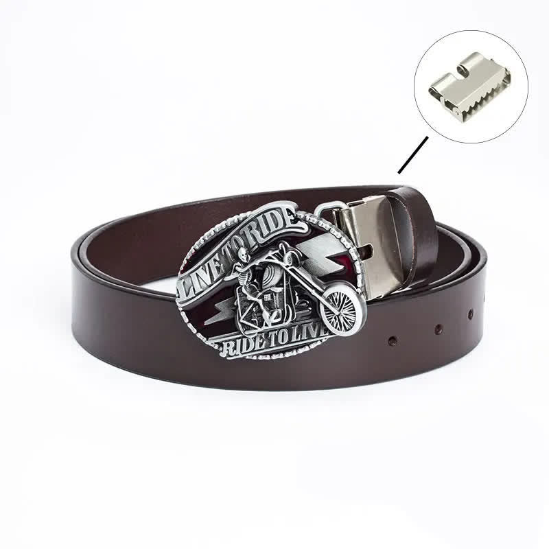 Men's Skeleton Motorcyclist Skull Leather Belt - Iron Linker - Brown / Glaze - 46 - image 23