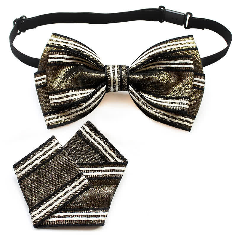 2Pcs Men's Pleated Striped Bow Tie Set - DarkKhaki Striped - image 3
