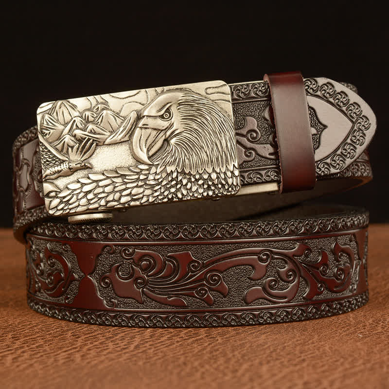 Men's Landscape Animal Eagle Leather Belt - Silver & Brown - 46 - image 13