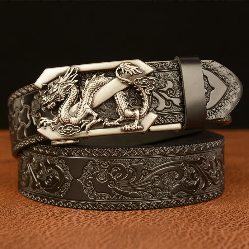Men's Embossing Retro Dragon Z Letter Leather Belt - Silver & Black - 46 - image 11