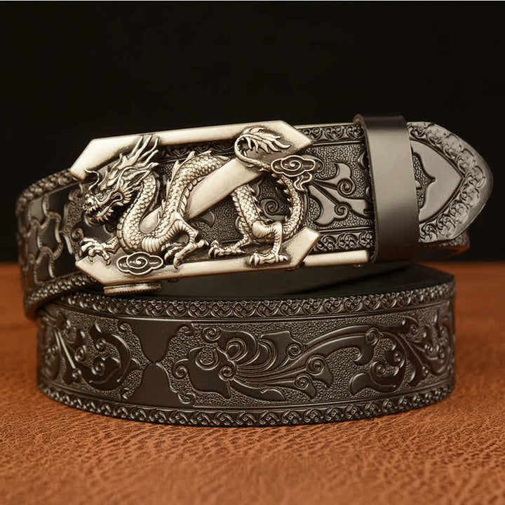 Men's Embossing Retro Dragon Z Letter Leather Belt - Silver & Black - 46 - image 11
