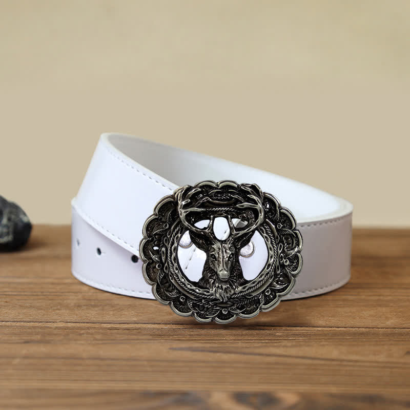 Men's DIY Hollow 3D Elk Antler Buckle Leather Belt - Antique Silver - White PU Belt (40) - image 7