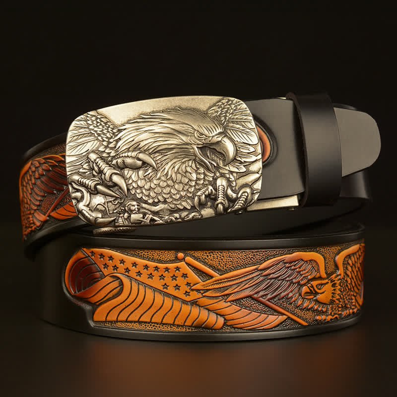 Men's Vintage Eagle Wings Automatic Buckle Leather Belt - Black / Silver - 46 - image 23