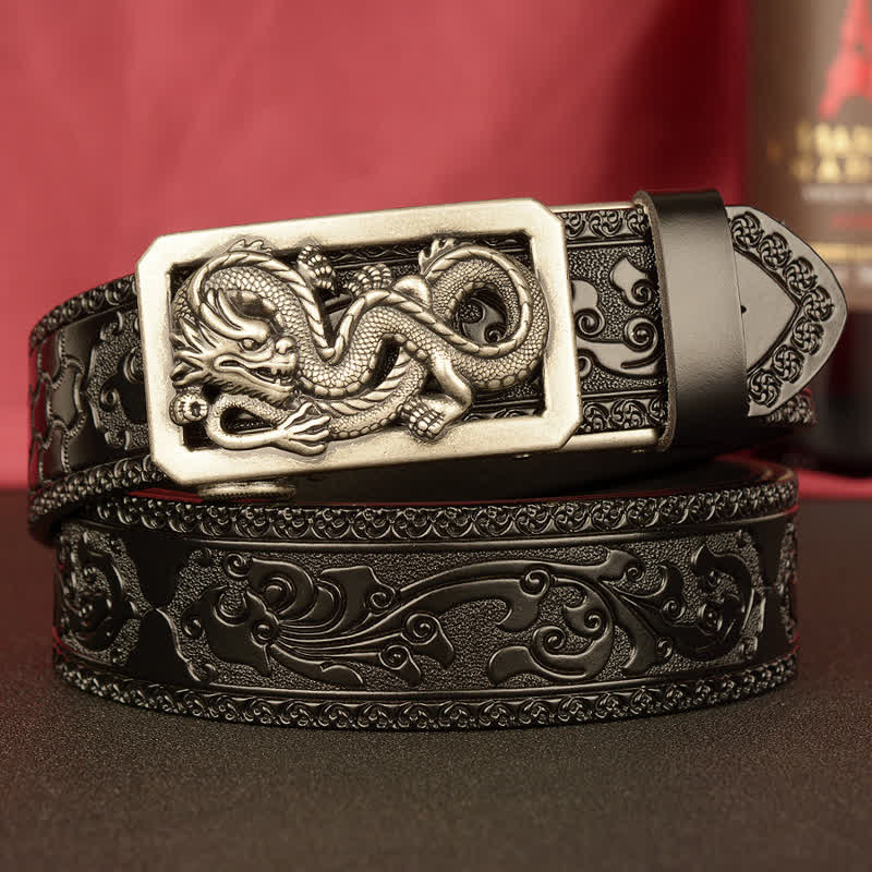 Men's Coiling Dragon Embossing Leather Belt - Silver & Black - 46 - image 17