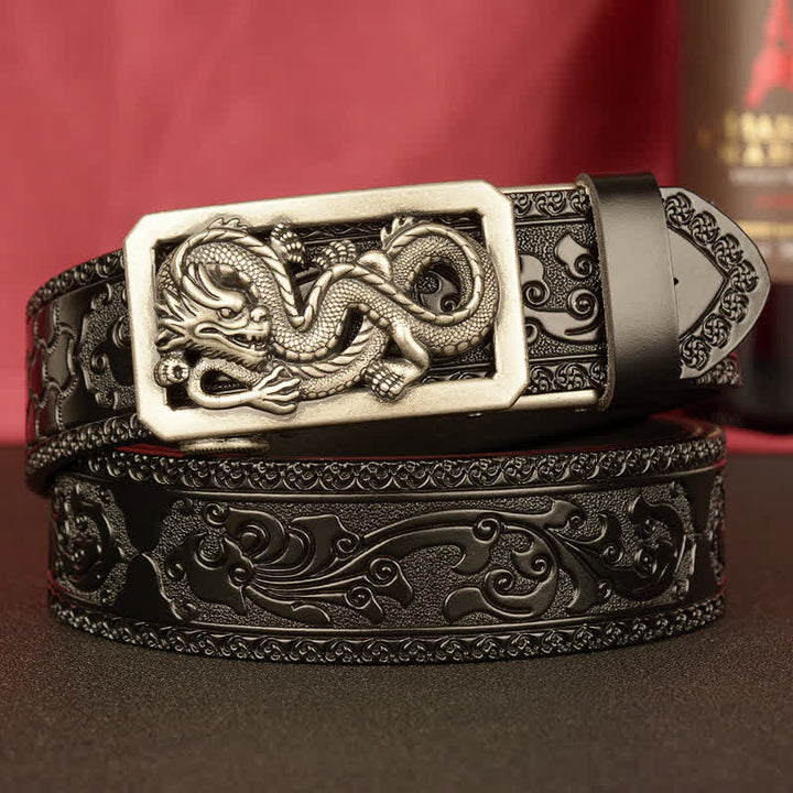 Men's Coiling Dragon Embossing Leather Belt - Silver & Black - 46 - image 17