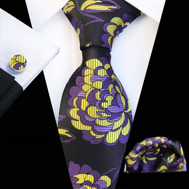 3Pcs Men's Showy Peony Floral Necktie Set - Purple & Yellow - image 0
