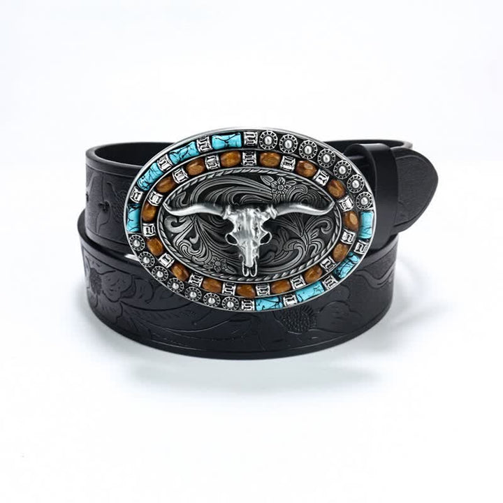 Men's Western Cowboy Turquoise Bull Leather Belt - Black / Silver - 40 - image 17