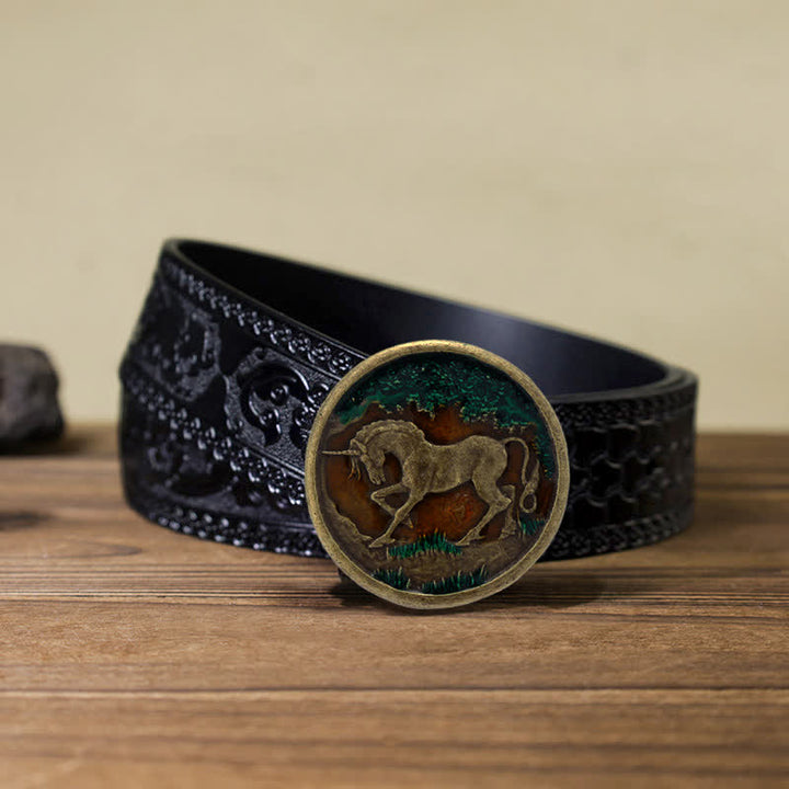 Men's DIY Mystical Unicorn Antique Bronze Buckle Leather Belt - Unicorn - Black Carved Belt (40) - image 10