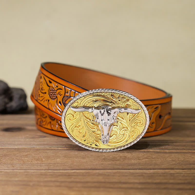 Men's DIY Shining Golden Bull Head Buckle Leather Belt - Bull - Orange Carved Belt (40) - image 16