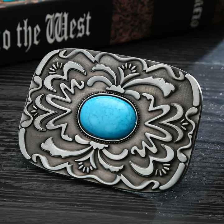 Men's DIY Turquoise Stone Flower Buckle Leather Belt - Turquoise - Without Belt - image 0