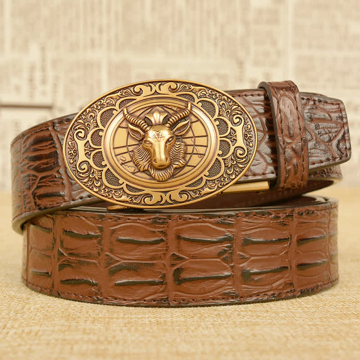 Men's Wild Goat Alligator Pattern Leather Belt - Gold & Brown - 46 - image 12