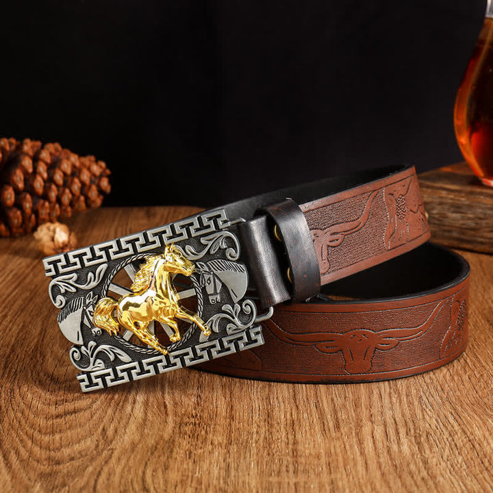 Men's Running Horse Geometric Buckle Leather Belt - Style #1 - 42 - image 0