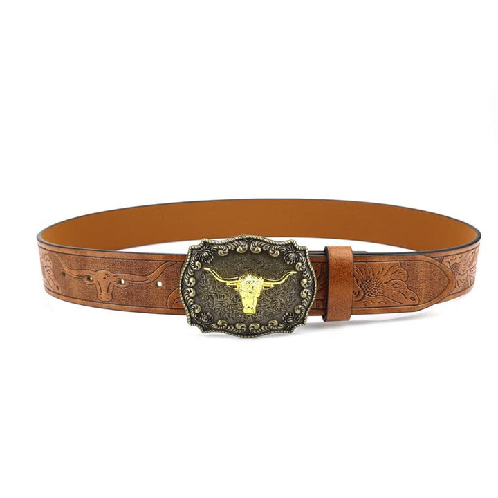 Men's Square Engraved Bull Flower Leather Belt - image 1