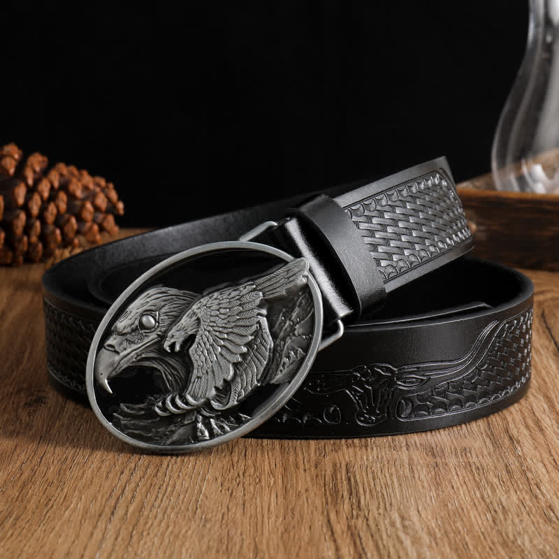 Men's Carved Bald Hawk Eagle Buckle Leather Belt - Black #3 - 42 - image 9