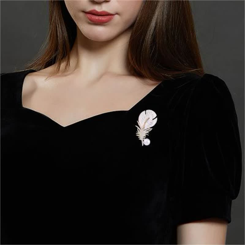 Women's Pearl Shell Feather Brooch - image 2