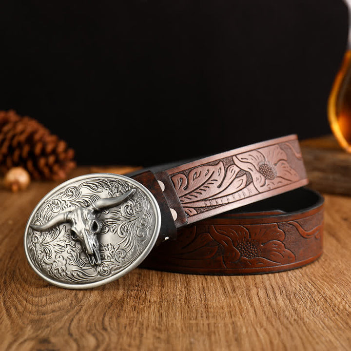 Men's Vintage Floral Longhorn Bull Leather Belt - Brown / Silver - 42 - image 6