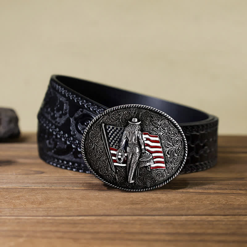 Men's DIY Cowboy American Flag Buckle Leather Belt - Antique Silver - Black Carved Belt (40) - image 14