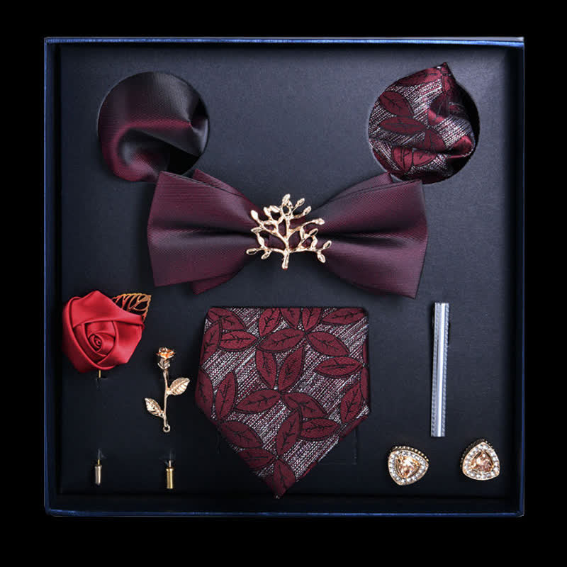 8Pcs Burgundy Floral Casual Necktie Bow Ties Gift Box - Burgundy - image 0
