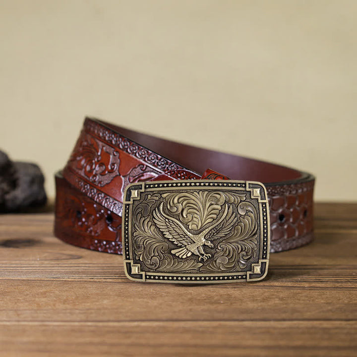 Men's DIY Soaring Eagle In Dreamy Sky Buckle Leather Belt - Antique Bronze - Brown Carved Belt (40) - image 17
