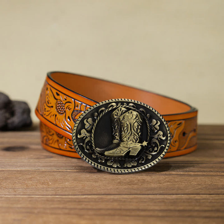 Men's DIY Cowboy Boots Buckle Leather Belt - Boots - Orange Carved Belt (40) - image 14