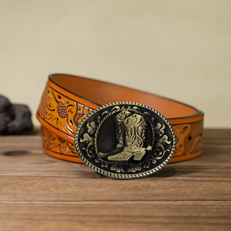 Men's DIY Cowboy Boots Buckle Leather Belt - Boots - Orange Carved Belt (40) - image 14