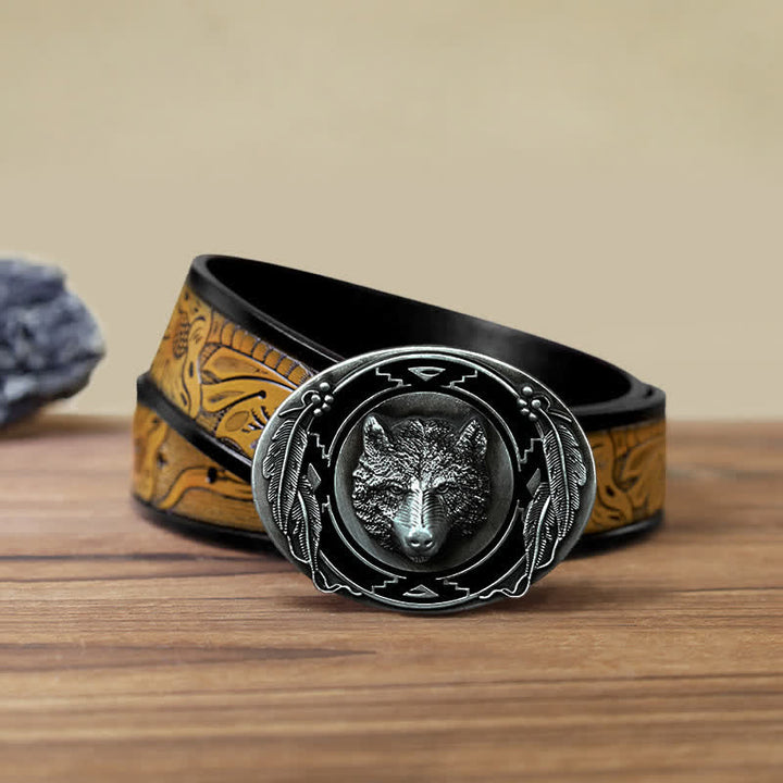 Men's DIY Vivid Wolf Head Buckle Leather Belt - Wolf Head - SandyBrown Belt (40) - image 15