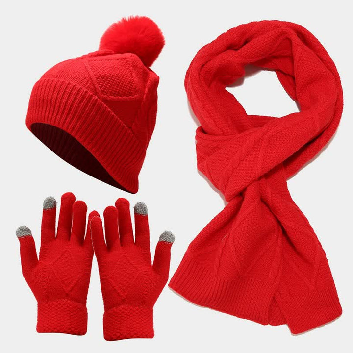 3Pcs Women's Diamond Poms Beanie Hat Scarf Gloves Set - Red - Adjustable - image 10