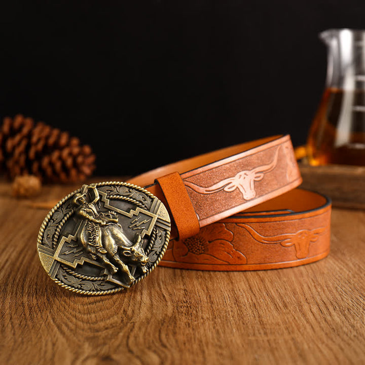 Men's Domineering Riding Bull Leather Belt - Brown / Gold - 42 - image 0