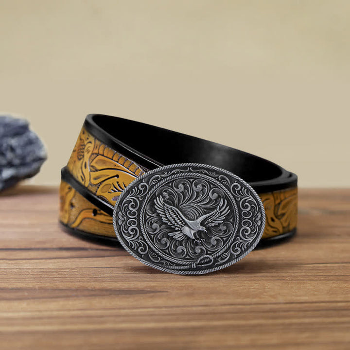 Men's DIY Soaring Eagle Engraved Floral Buckle Leather Belt - Antique Silver - SandyBrown Belt (40) - image 19