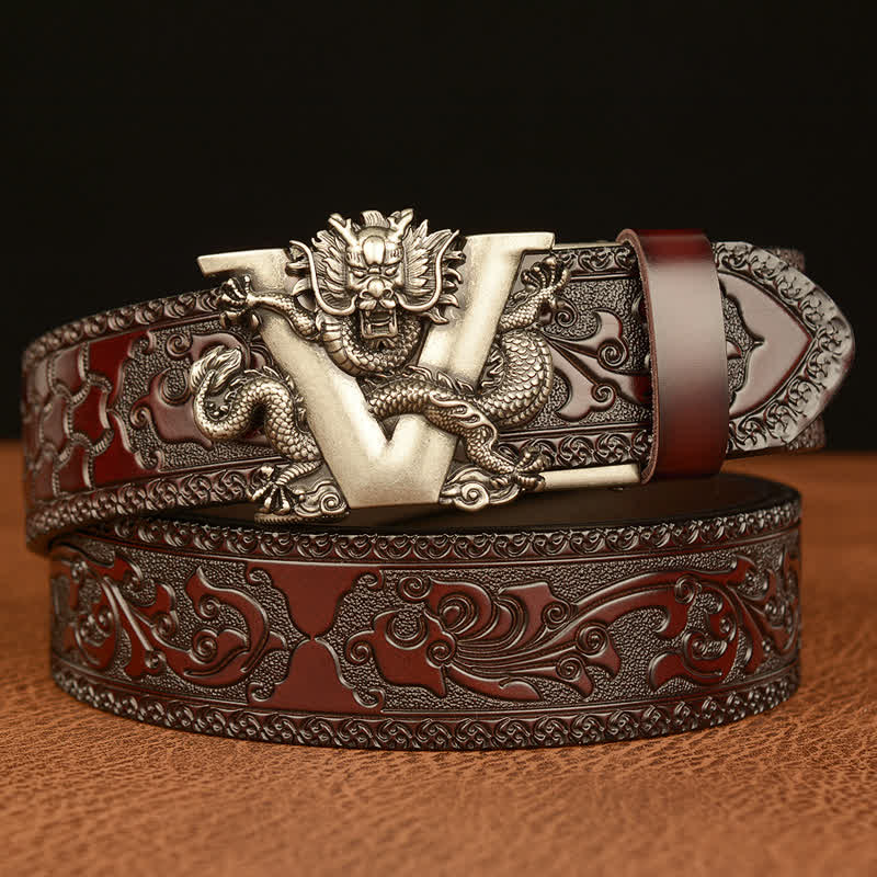 Men's Letter V Dragon Embossing Leather Belt - Silver & Brown - 46 - image 14