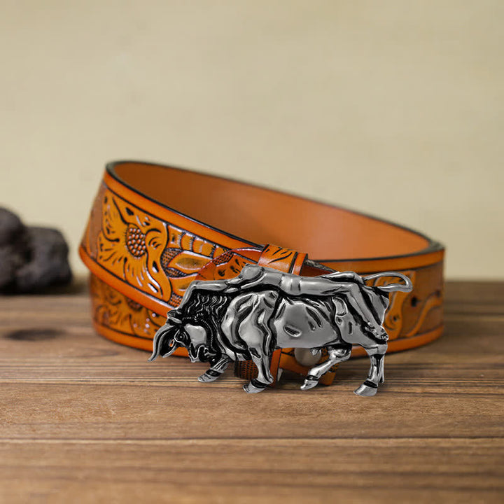 Men's DIY Authentic Silver Bull Buckle Leather Belt - Bull - Orange Carved Belt (40) - image 16