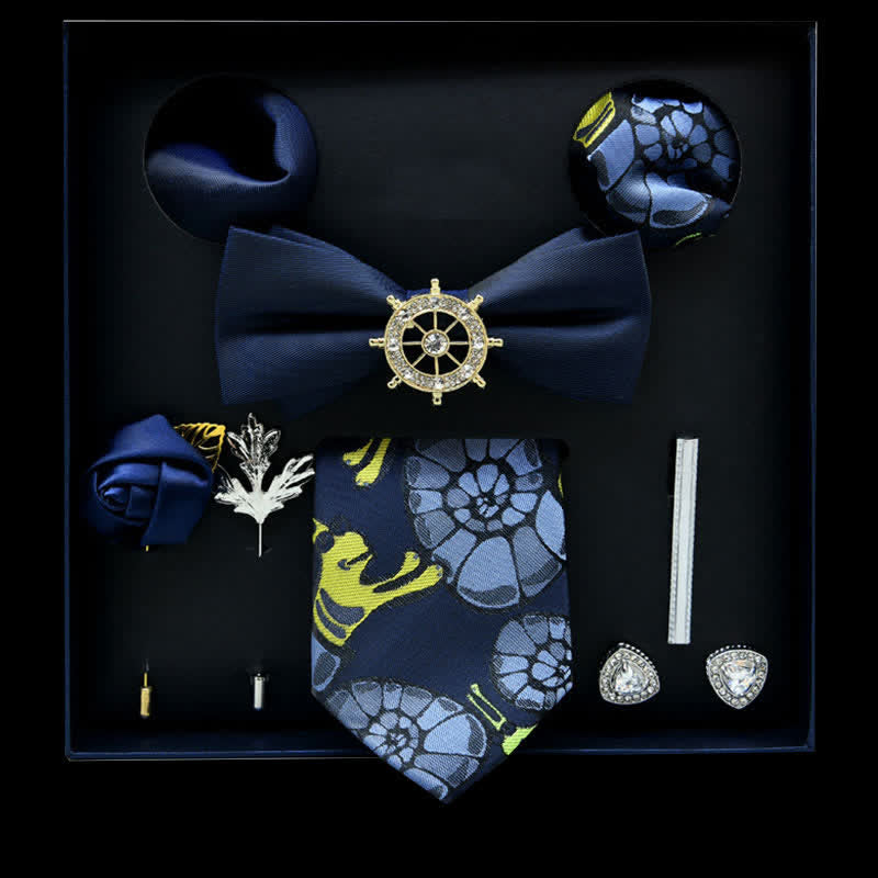 8Pcs Blue&Yellow Floral Casual Necktie Bow Ties Gift Box - Blue&Yellow - image 0