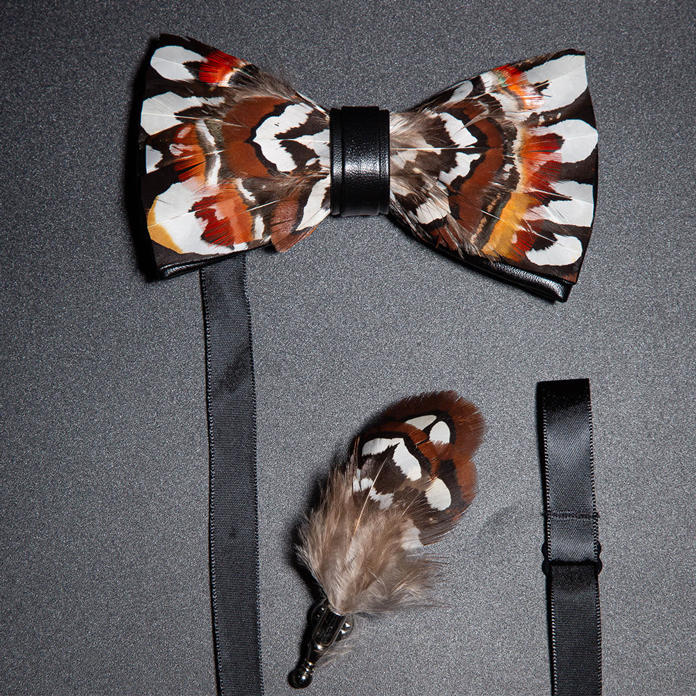 Brown & White Pheasant Feather Bow Tie with Lapel Pin - Brown & White - image 0