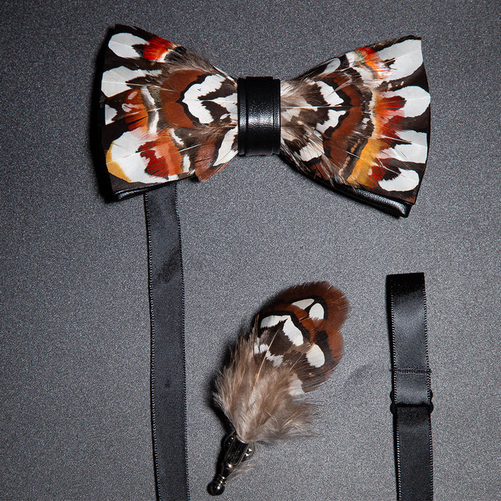 Brown & White Pheasant Feather Bow Tie with Lapel Pin - Brown & White - image 0