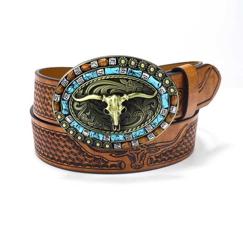Men's Western Cowboy Turquoise Bull Leather Belt - Brown / Gold - 40 - image 8