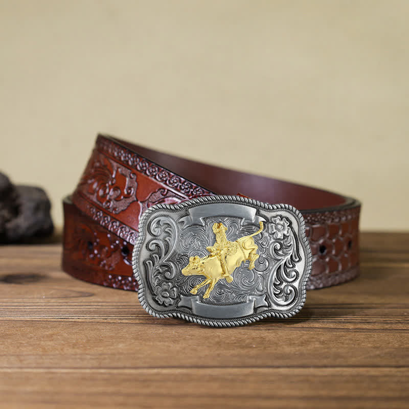 Men's DIY Gold Carving Animal Buckle Leather Belt - Rodeo - Brown Carved Belt (40) - image 25