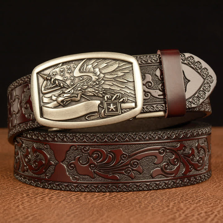 Men's American Flag Hawk Eagle Leather Belt - Silver & Brown - 46 - image 12