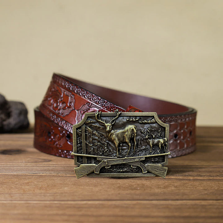 Men's DIY Deer Shotgun Hunter Buckle Leather Belt - Antique Bronze - Brown Carved Belt (40) - image 17